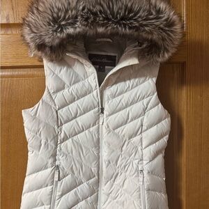 Eddie Bauer Women's White Down Vest with Faux Fur Hood